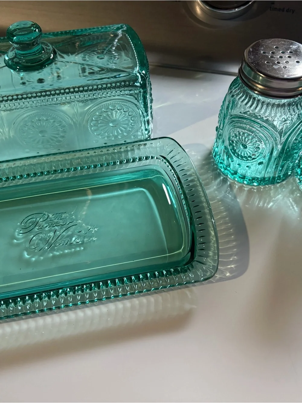 The Pioneer Woman teal Glass Butter Dish and Salt Shaker Set - Adeline